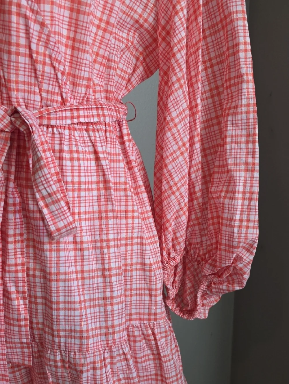 Michael Kors Coral Pink Plaid V-Neck Tie-Waist Mini Dress Size Large NWOT